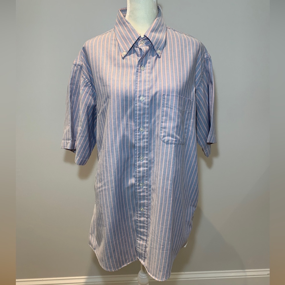 LL‎ Bean Mens Shirt Sz 17 Pink Blue Striped Single Needle Tailoring Cotton Blend